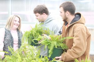 Courtney Miller is shown with two students in the greenhouse looking at ferns. 