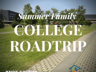 Summer family college road trip image showing a college campus in background