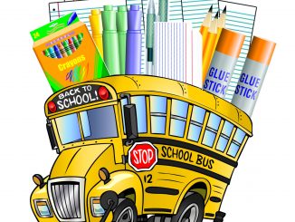 Clipart school bus shown with supplies behind the bus roof.