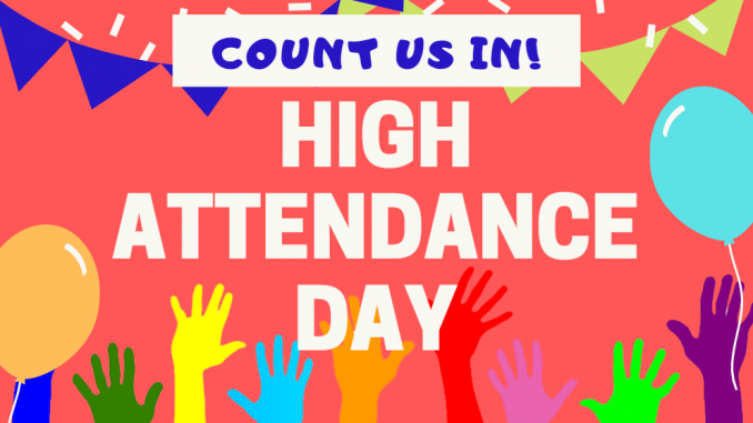 Infographic for High Attendance Day showing raised hands and text on top.