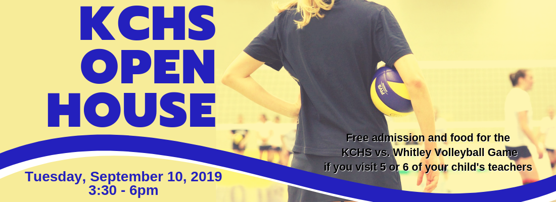 Graphic showing back of a volleyball player with text KCHS Open House.  Families receive free admission to the volleyball game.  Details in post.