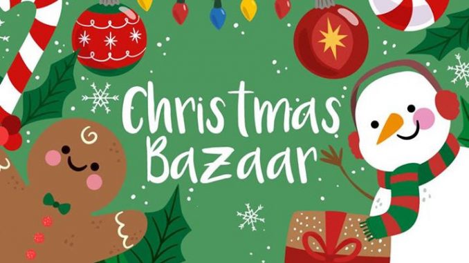 Clipart - Christmas Bazaar with gingerbread man and snowman with candy canes and ornaments.