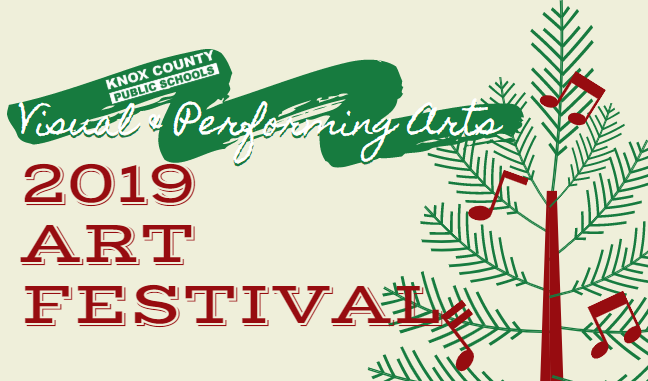 Arts Festival logo with Christmas tree and paint stripe on background.