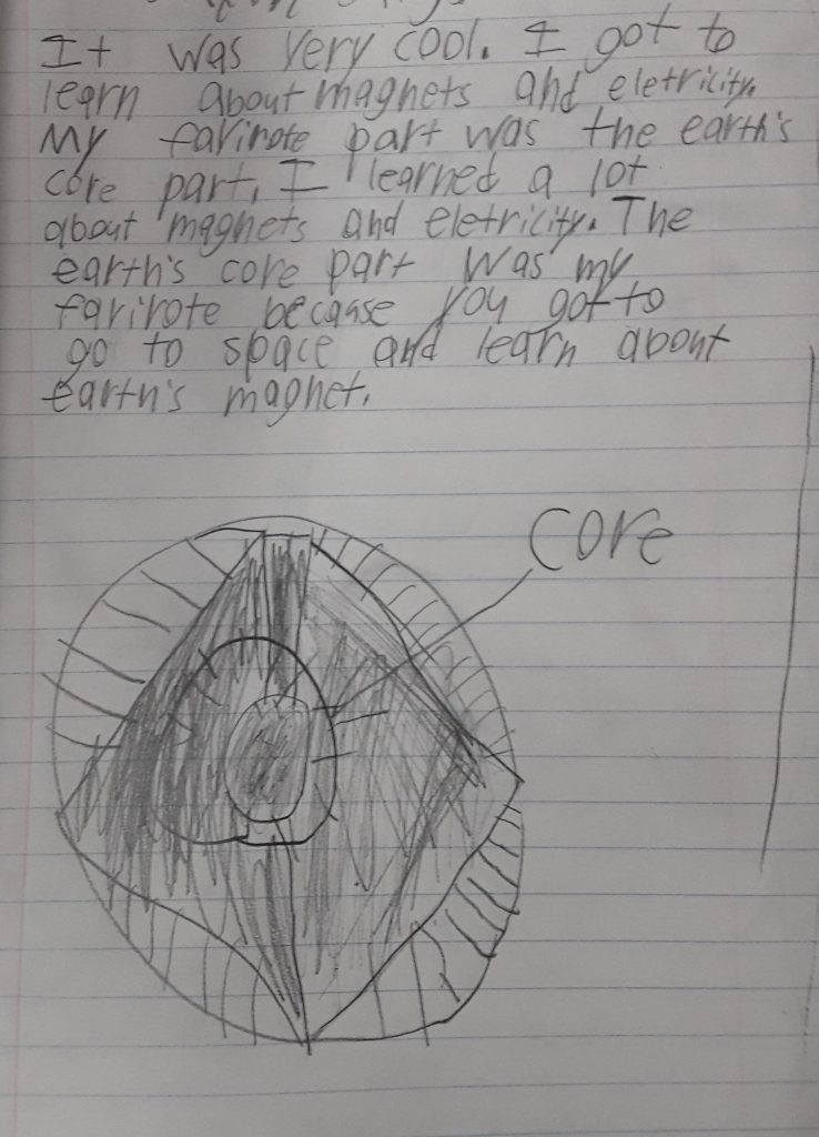 A student wrote his reflection that it was cool and provided an illustration of the earth and it's core.