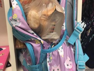 Backpack filled with food shown in a cubical in a local school.