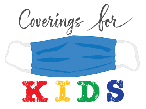 Logo for Coverings for kids with mask in center between text