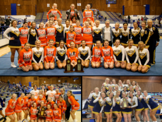 Photo collage of three photos, top a combined KC and LC cheer group photo. Bottom left, Lynn Camp cheer squad. Bottom right, Knox Central cheer squad.