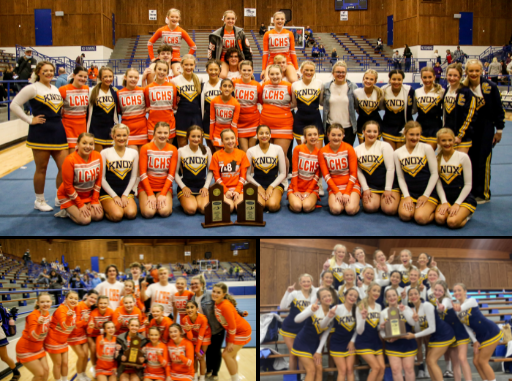 Photo collage of three photos, top a combined KC and LC cheer group photo. Bottom left, Lynn Camp cheer squad. Bottom right, Knox Central cheer squad.