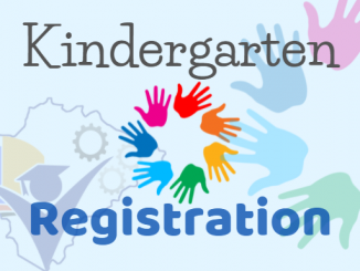 Kids hands forming a circle with kindergarten registration text and school logo