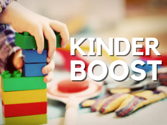 Child playing with lego blocks with text overlay Kinder Boost