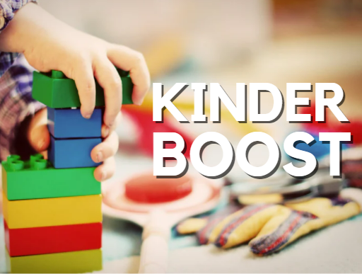 Child playing with lego blocks with text overlay Kinder Boost