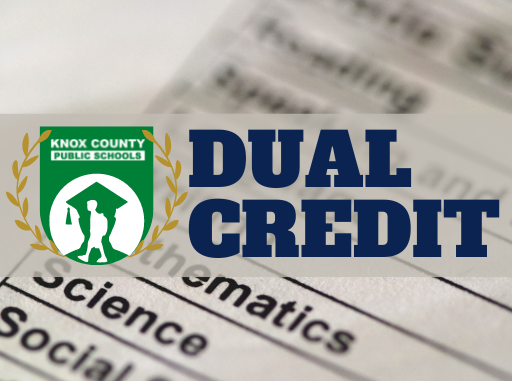 Dual credit logo showing graduate outline with student in center with subjects listed in the background.