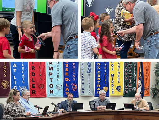 Three picture photo collage showing two kindergarten students saying their name and a photo of board members seated.