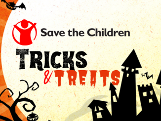 Graphic of a scary scene with Save the Children logo and Tricks and Treats text.