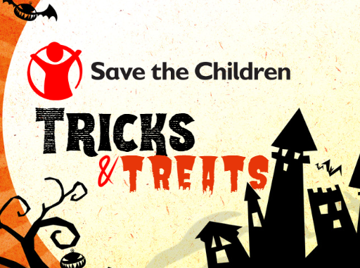 Graphic of a scary scene with Save the Children logo and Tricks and Treats text.