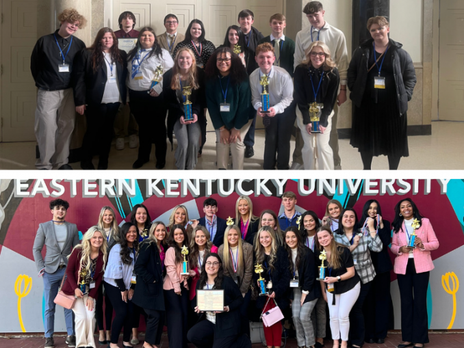 Shown are two photos, top photo of Lynn Camp DECA competitors and bottom photo showning Knox Central.