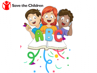 Infographic with Save the Children logo and three students with open book, letters A B C shown coming off the page.
