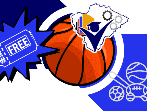 Graphic showing basketball and other sports with a free ticket.