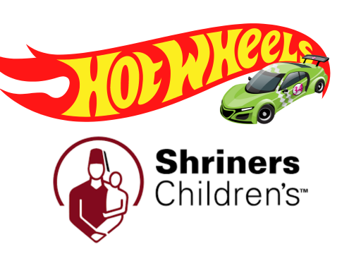 Hot Wheels logo with green car, Shriners Childrens logo
