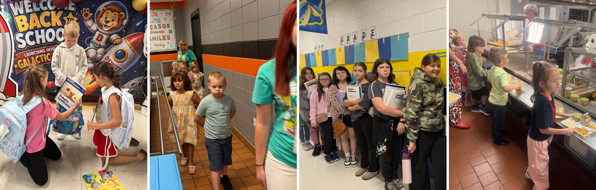 Four photos showing PBIS in our schools. First, a student is helping put a book in a backpack. Second and fourth are showing lining up in the lunchroom. The third is showing lining up in the hallway. 